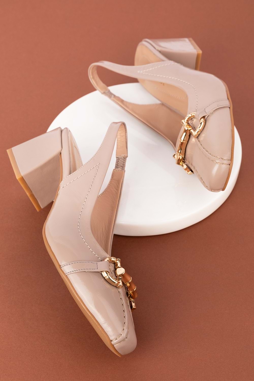 Gondol Hakiki Deri Toka Detaylı Şık Topuklu Ayakkabı ast.6451 - vizon rugan - 35