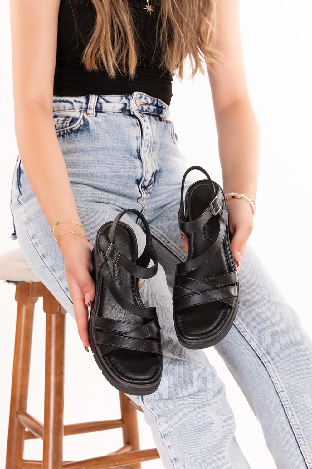 Gondol Kadın Hakiki Deri Platform Topuklu Rahat Günlük Sandalet tlh.1055 - Siyah - 40