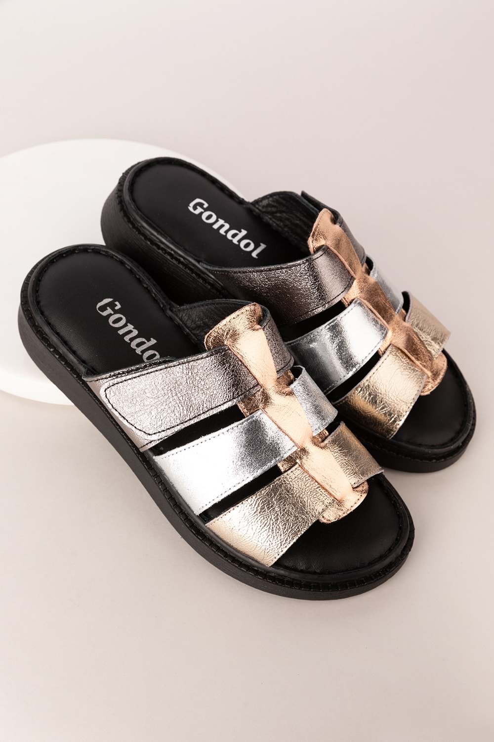 Gondol Kadın Hakiki Deri Rahat Günlük Terlik usl.2517 - Metalik Kombin - 36