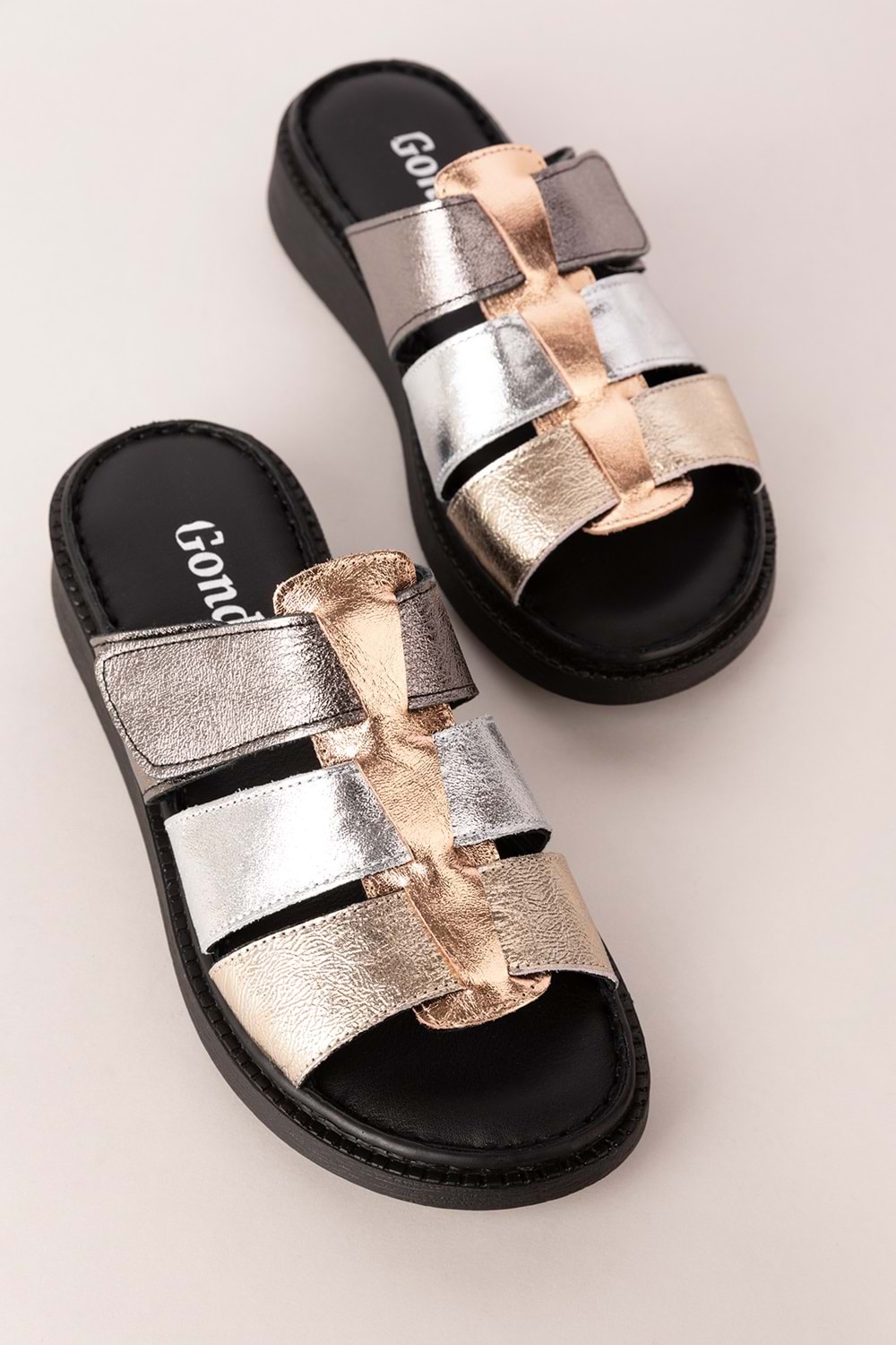 Gondol Kadın Hakiki Deri Rahat Günlük Terlik usl.2517 - Metalik Kombin - 36