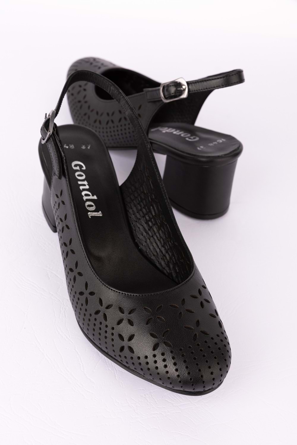 Gondol Hakiki Deri Lazer Kesim Şık Topuklu Ayakkabı şhn.1048 - Siyah - 34