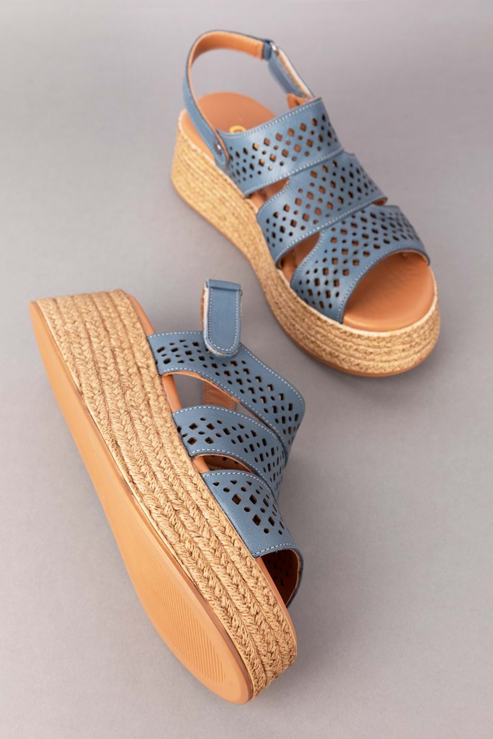 Gondol Kadın Hakiki Deri Platform Tabanlı Sandalet mlk.2054 - Mavi - 40