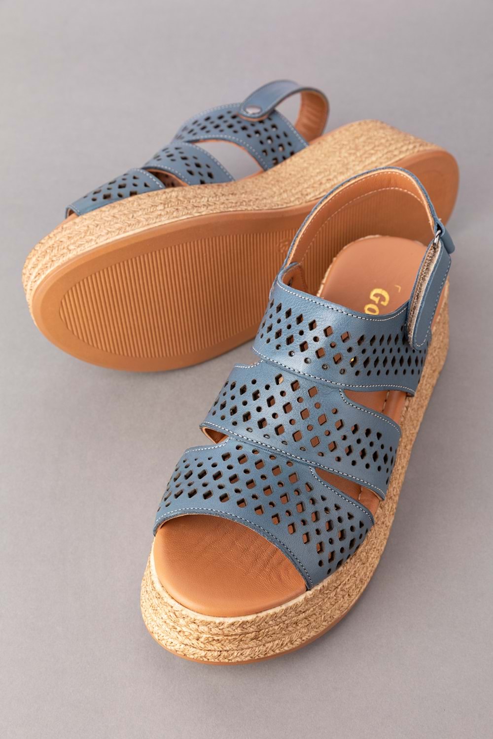 Gondol Kadın Hakiki Deri Platform Tabanlı Sandalet mlk.2054 - Mavi - 40