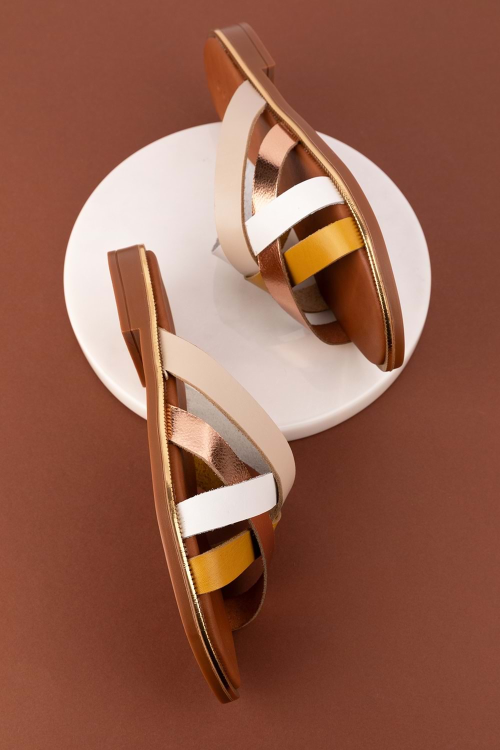 Gondol Kadın Hakiki Deri Renkli Kombin Vaketa Terlik ayh.734 - Bej Kombin - 41