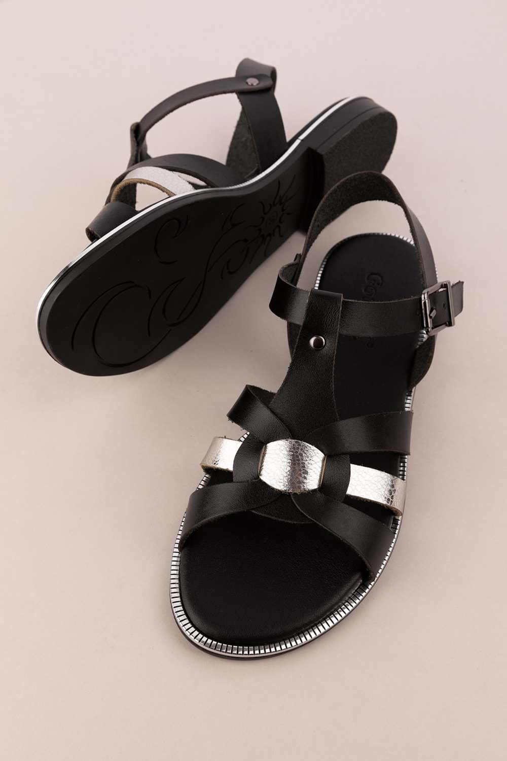 Gondol Kadın Hakiki Deri Renkli Kombin Vaketa Sandalet ayh.730 - Siyah Kombin - 37