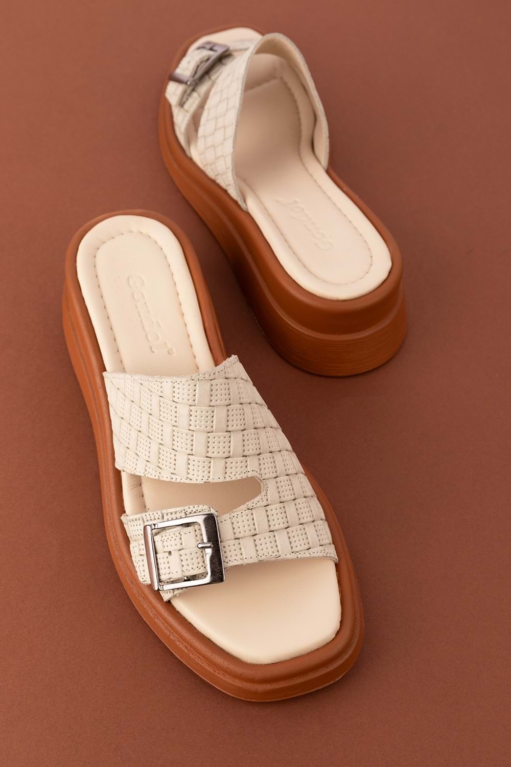 Gondol Kadın Hakiki Deri Dolgu Topuk Günlük Şık Terlik ayh.1120 - Bej - 40