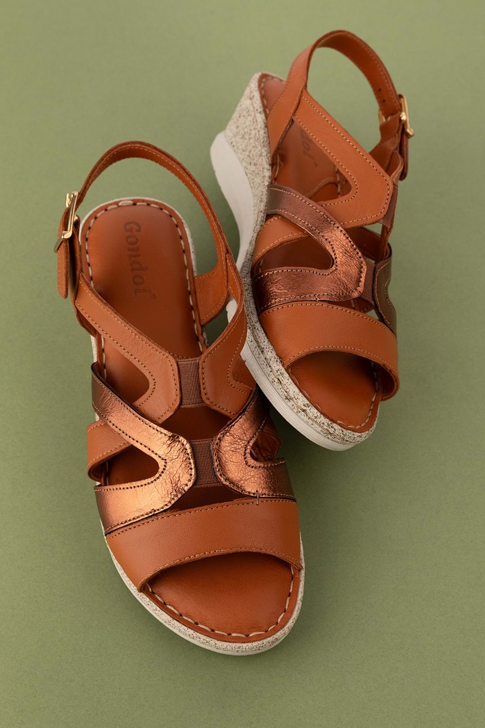 Gondol Kadın Hakiki Deri Günlük Rahat Günlük Sandalet iz.2504 - Taba Kombin - 37
