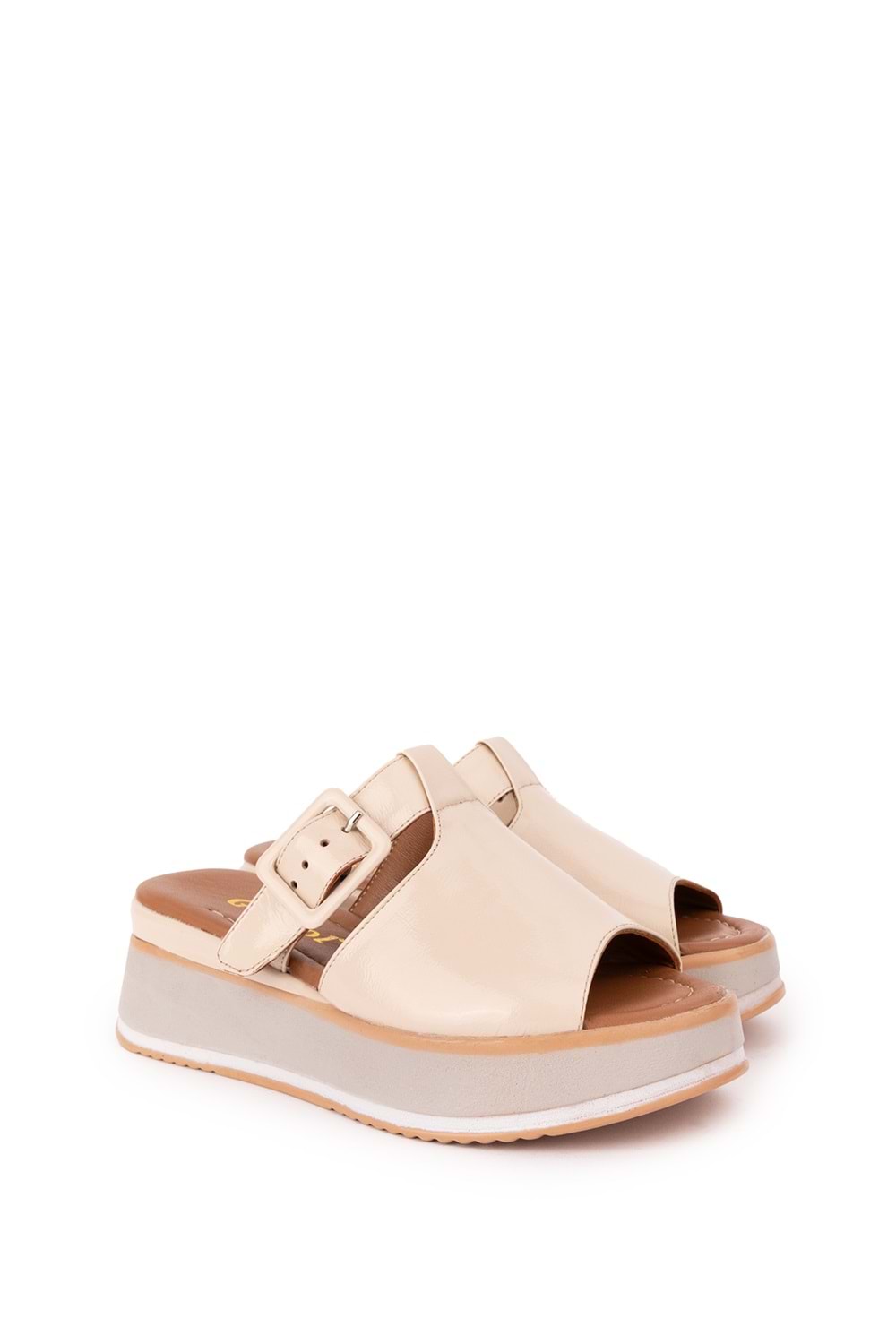 Gondol Kadın Hakiki Deri Platform Tabanlı Renkli Terlik mlk.5224 - Bej Rugan - 39