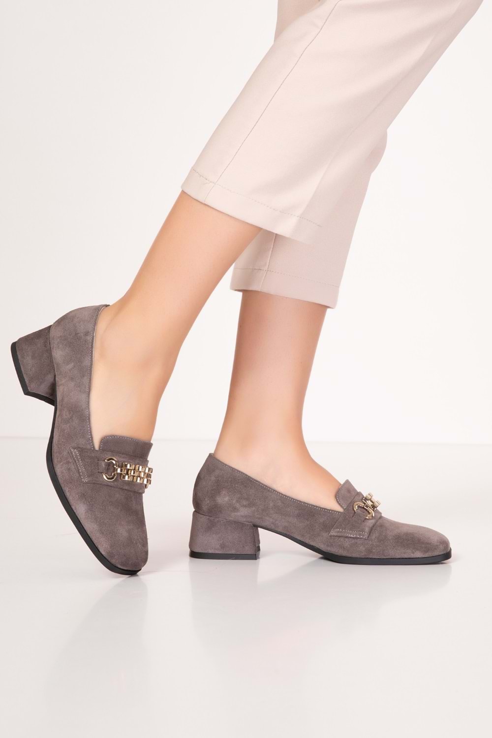 Gondol Hakiki Deri Kısa Topuklu Tokalı Şık Topuklu vdt.143 - Vizon Süet - 36