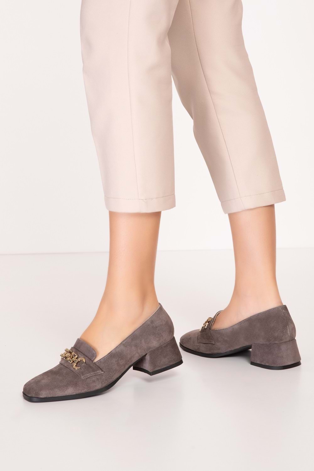 Gondol Hakiki Deri Kısa Topuklu Tokalı Şık Topuklu vdt.143 - Vizon Süet - 36