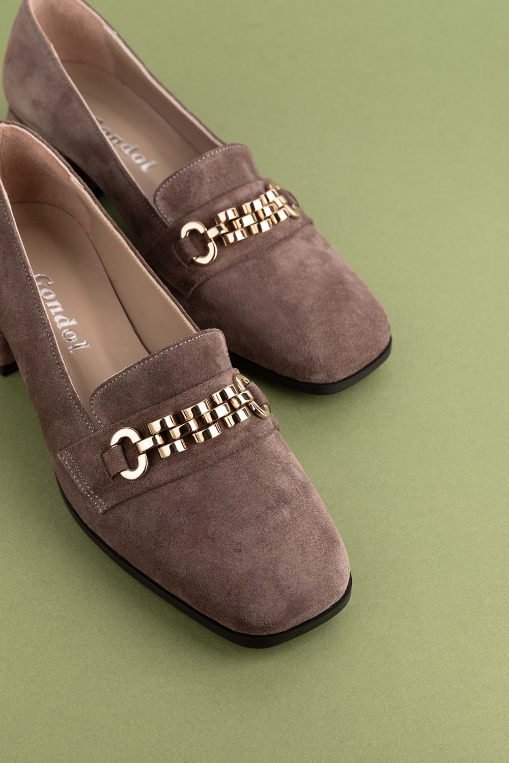 Gondol Hakiki Deri Kısa Topuklu Tokalı Şık Topuklu vdt.143 - Vizon Süet - 36