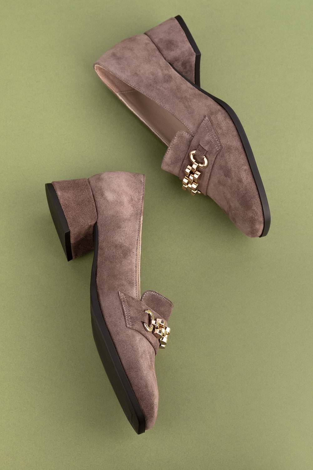 Gondol Hakiki Deri Kısa Topuklu Tokalı Şık Topuklu vdt.143 - Vizon Süet - 39