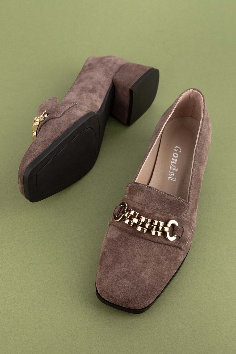 Gondol Hakiki Deri Kısa Topuklu Tokalı Şık Topuklu vdt.143 - Vizon Süet - 39