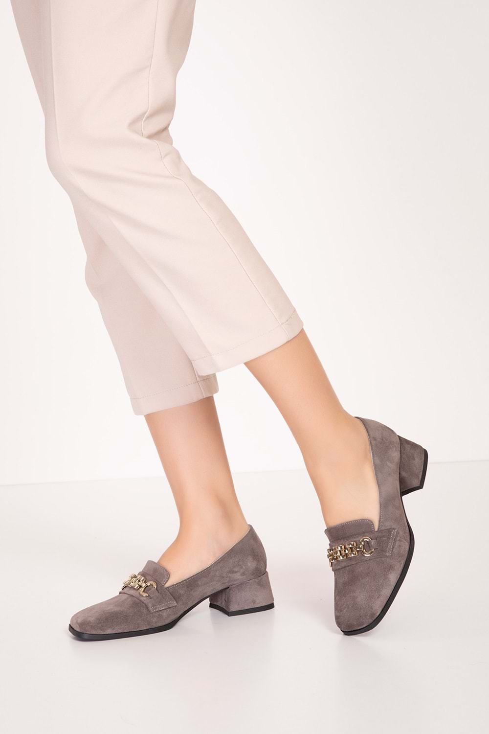 Gondol Hakiki Deri Kısa Topuklu Tokalı Şık Topuklu vdt.143 - Vizon Süet - 39