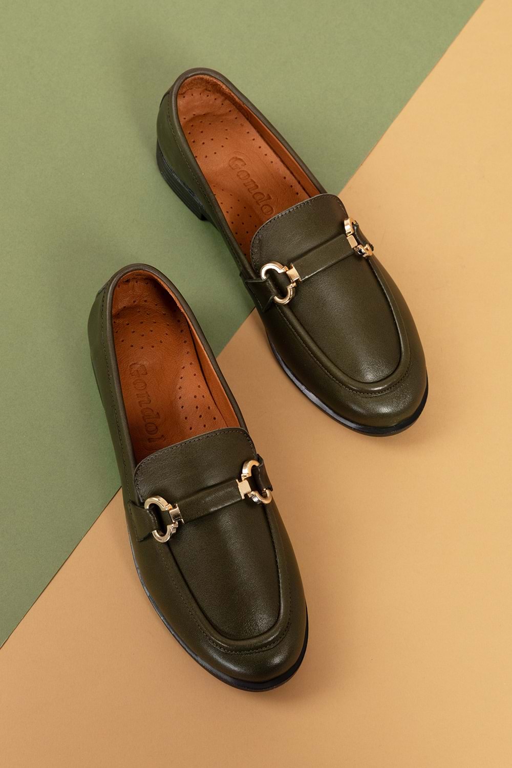 Gondol Hakiki Deri Kadın Tokalı Loafer esl.1852 - Haki - 36