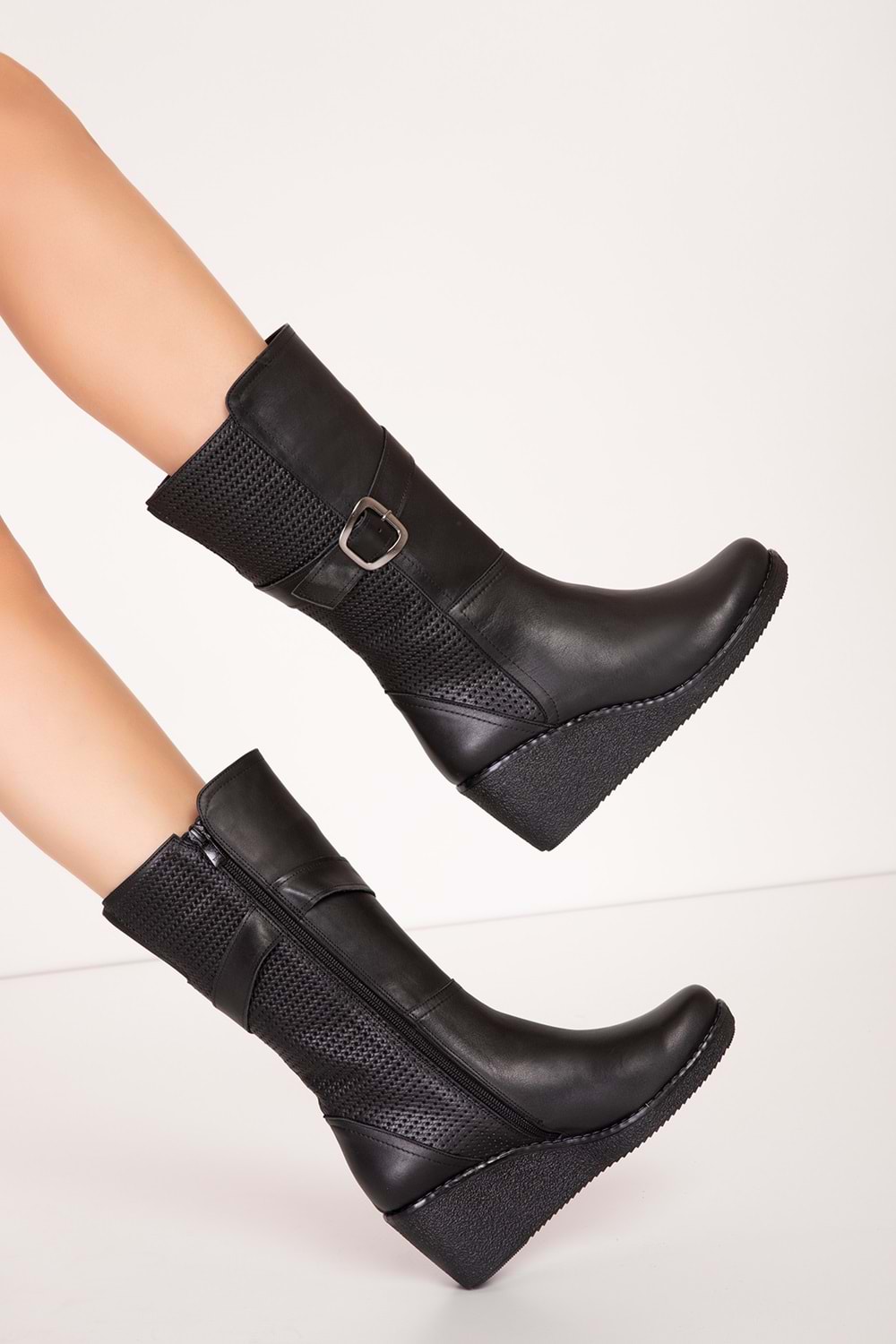 Gondol Hakiki Deri Dolgu Topuklu Günlük Çizme ell.7063 - Siyah Cilt - 34