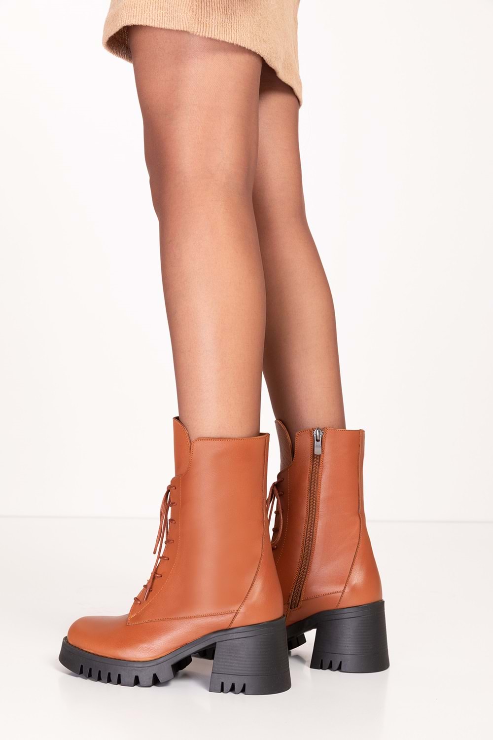 Gondol Hakiki Deri Kalın Topuklu Kauçuk Taban Şık Bot bel.1554 - Taba - 37