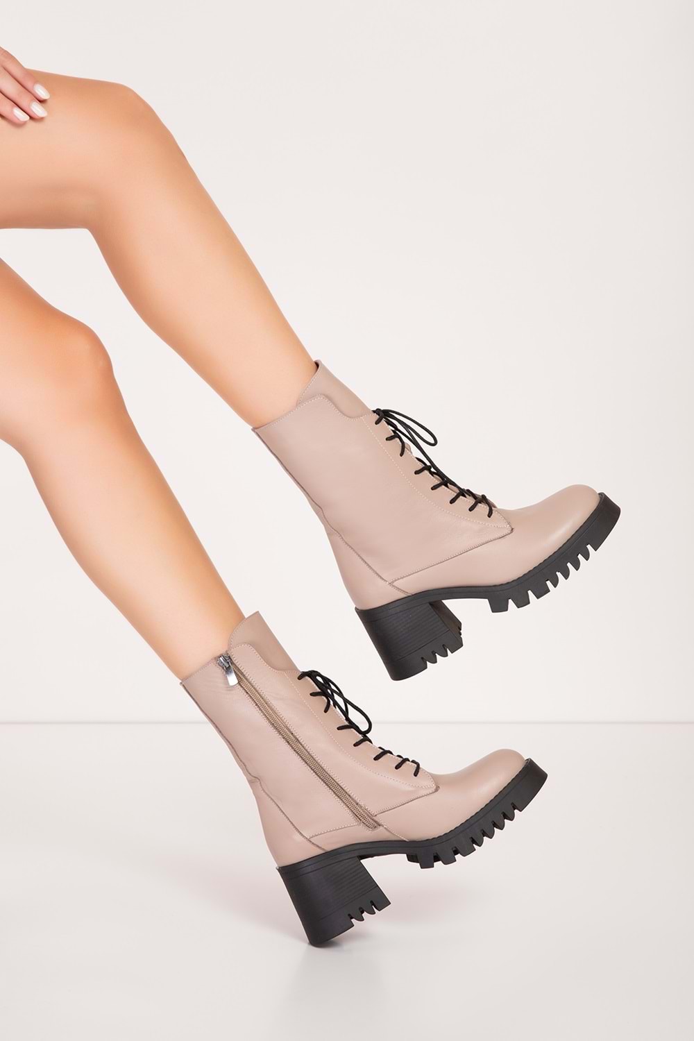 Gondol Hakiki Deri Kalın Topuklu Kauçuk Taban Şık Bot bel.1554 - Vizon - 38