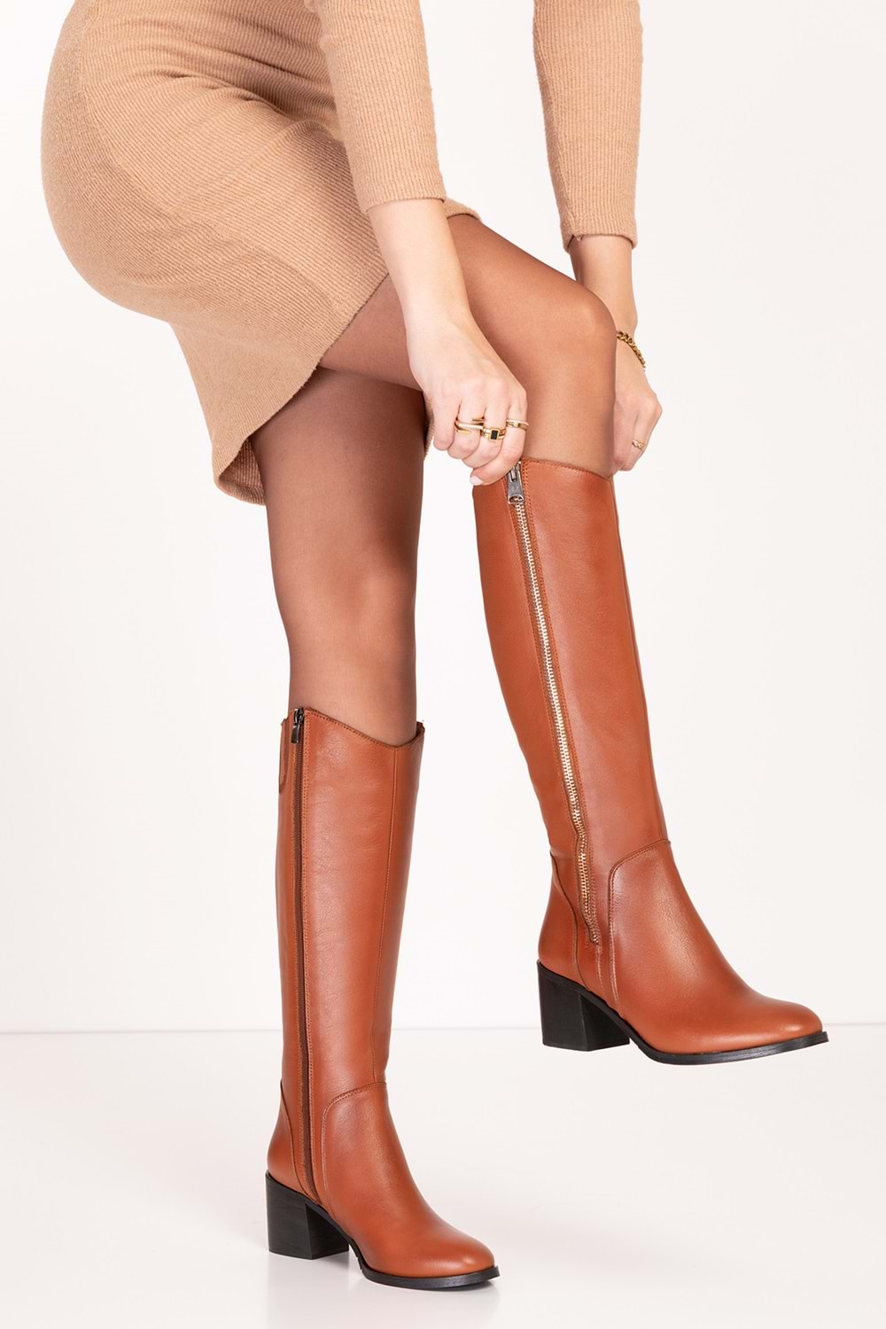Gondol Hakiki Deri Klasik Topuklu Çizme bel.1667 - Taba - 37