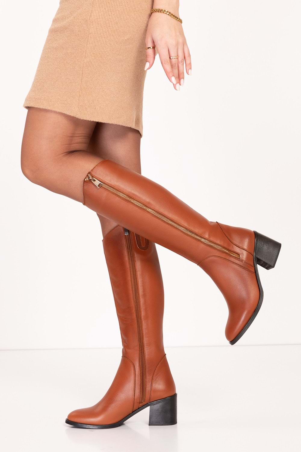Gondol Hakiki Deri Klasik Topuklu Çizme bel.1667 - Taba - 37