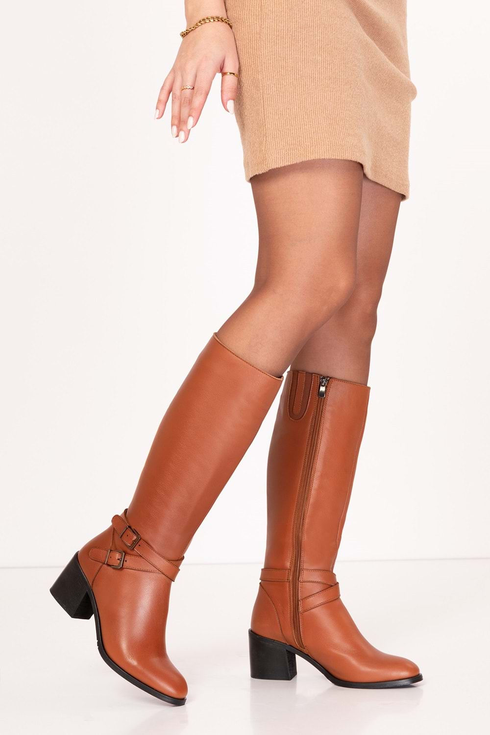Gondol Hakiki Deri Klasik Topuklu Çizme bel.1666 - Taba - 37