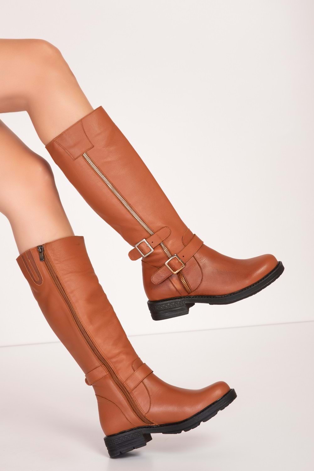 Gondol Hakiki Deri Günlük Şık Toka Detaylı Çizme bel.1505 - Taba - 36