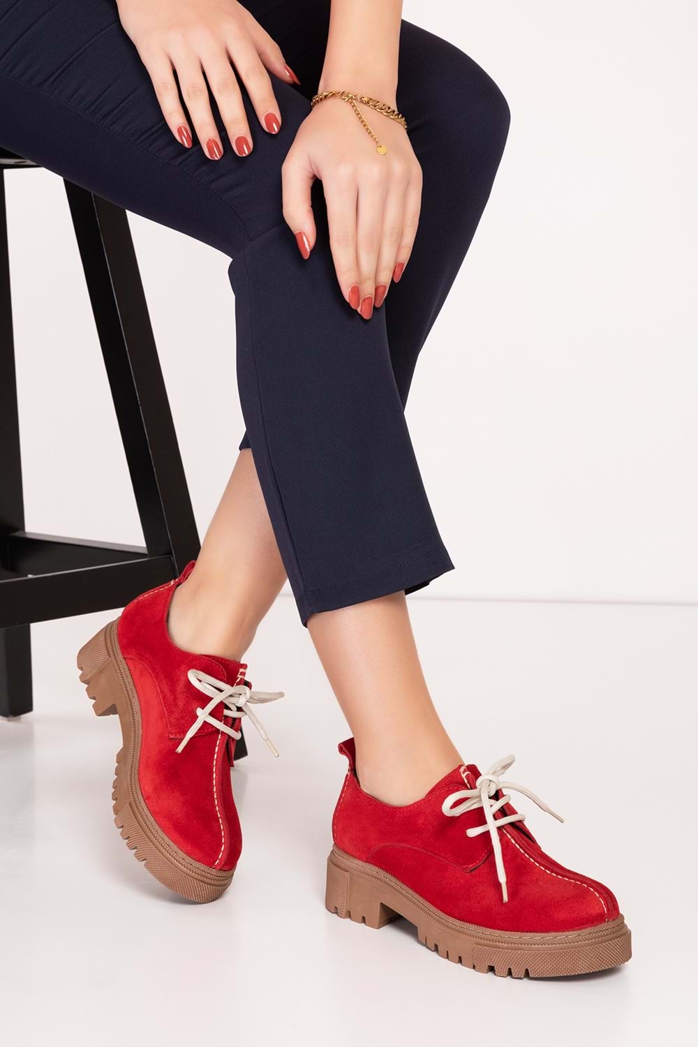 Gondol Hakiki Deri Günlük Kalın Taban Ayakkabı bel.455 - Kırmızı Süet - 39