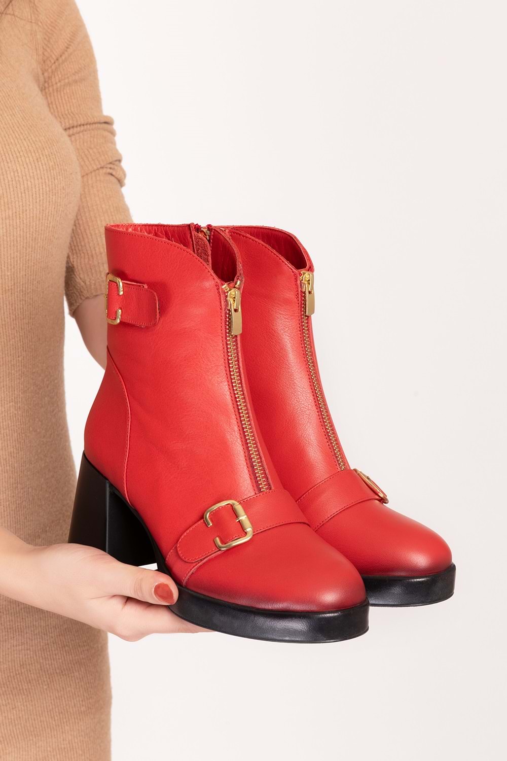 Gondol Kadın Hakiki Deri Yüksek Topuklu Şık Bot anl.2908 - kırmızı - 39