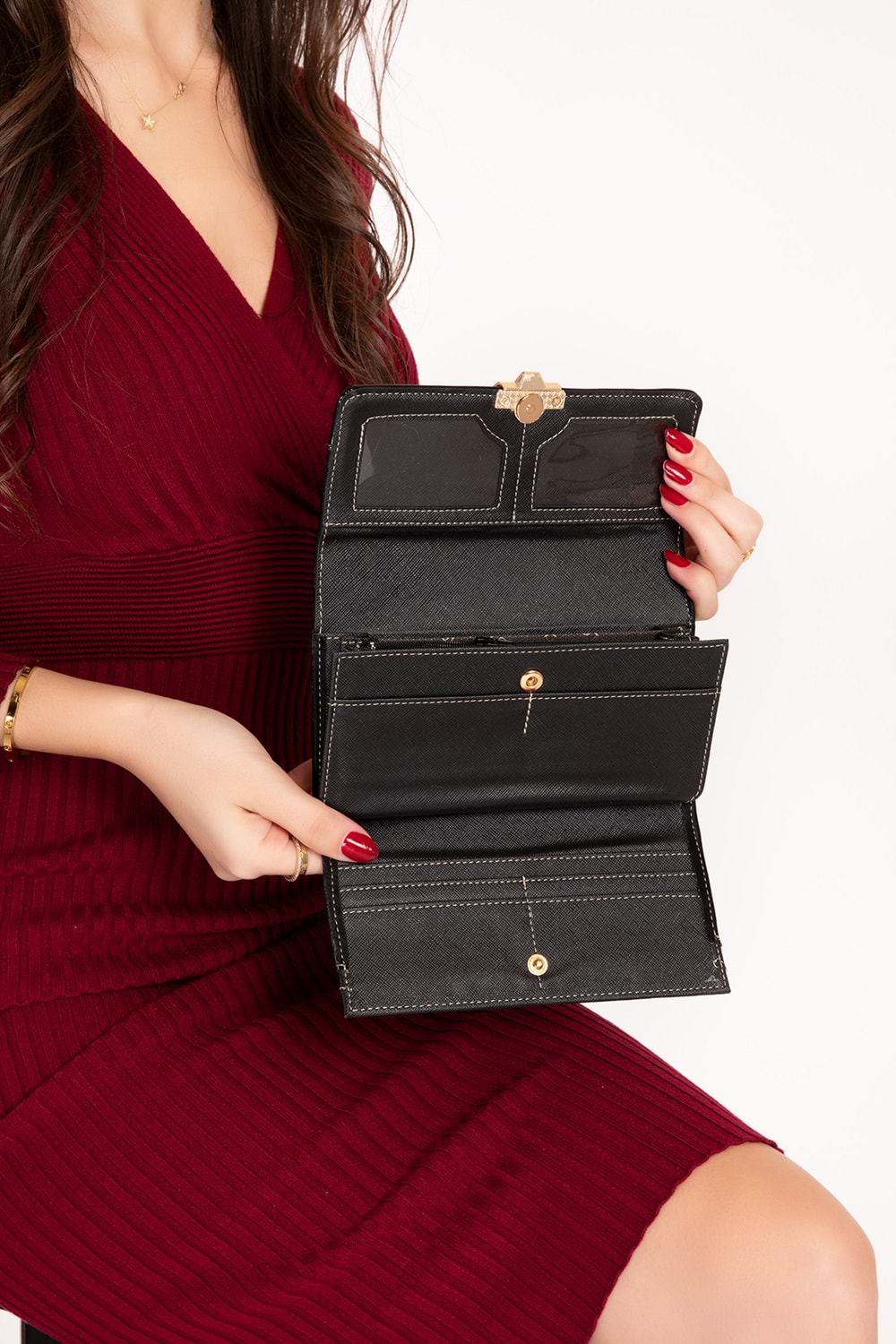 Gondol Çok Gözlü Kullanışlı Şık Cüzdan gp.1489 - Siyah Kumaş - TEK EBAT