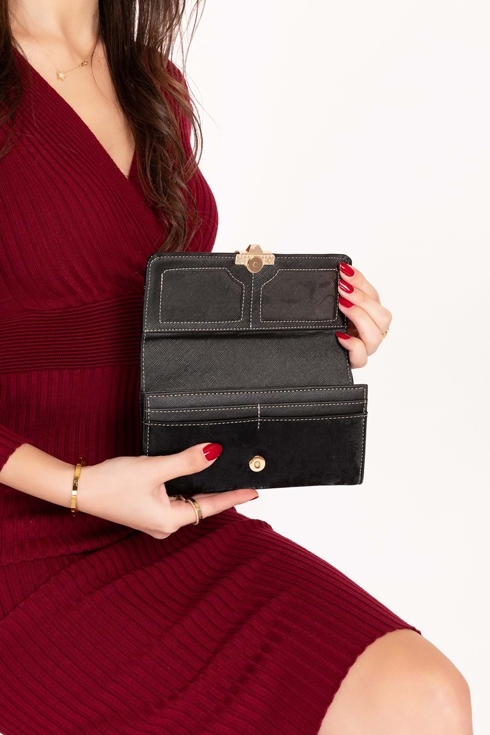 Gondol Çok Gözlü Kullanışlı Şık Cüzdan gp.1489 - Siyah Kumaş - TEK EBAT