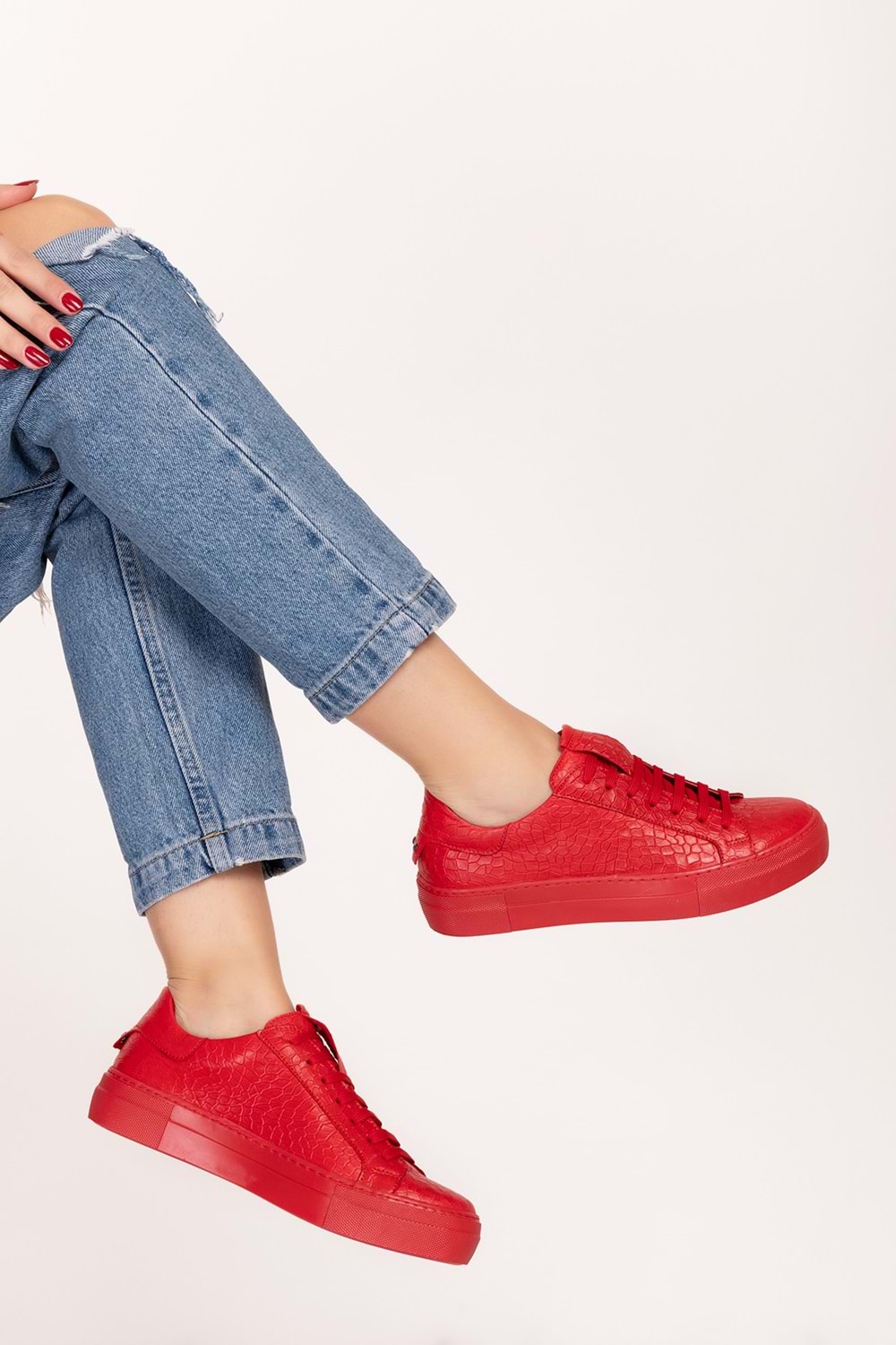 Gondol Hakiki Deri Anatomik Taban Spor Ayakkabı alsx.1352 - Kırmızı Croco - 39