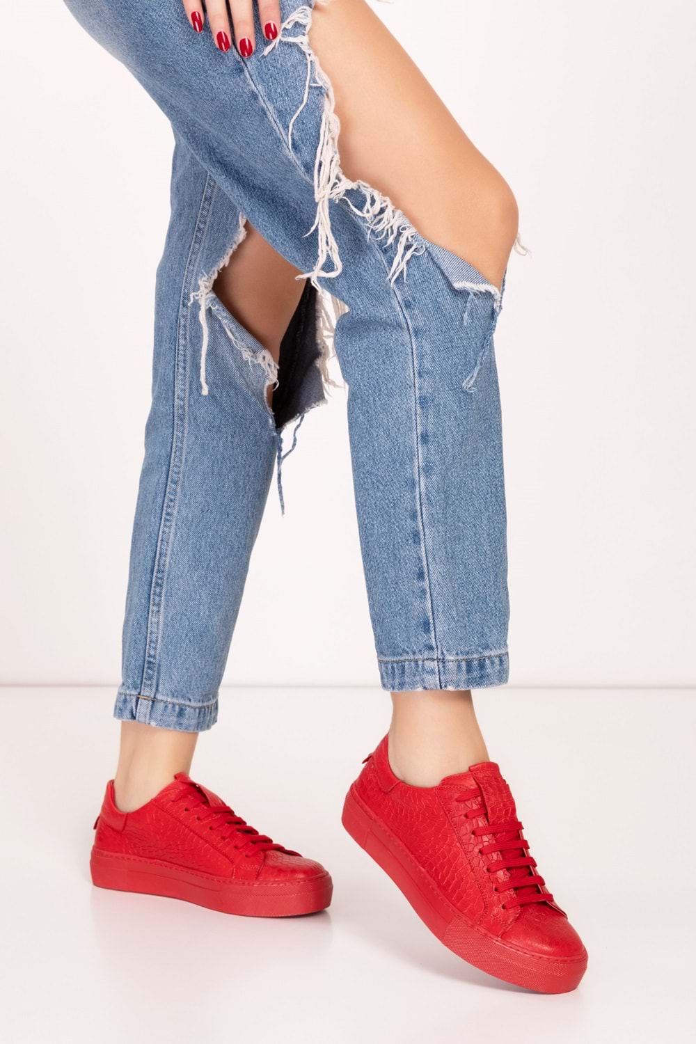 Gondol Hakiki Deri Anatomik Taban Spor Ayakkabı alsx.1352 - Kırmızı Croco - 39