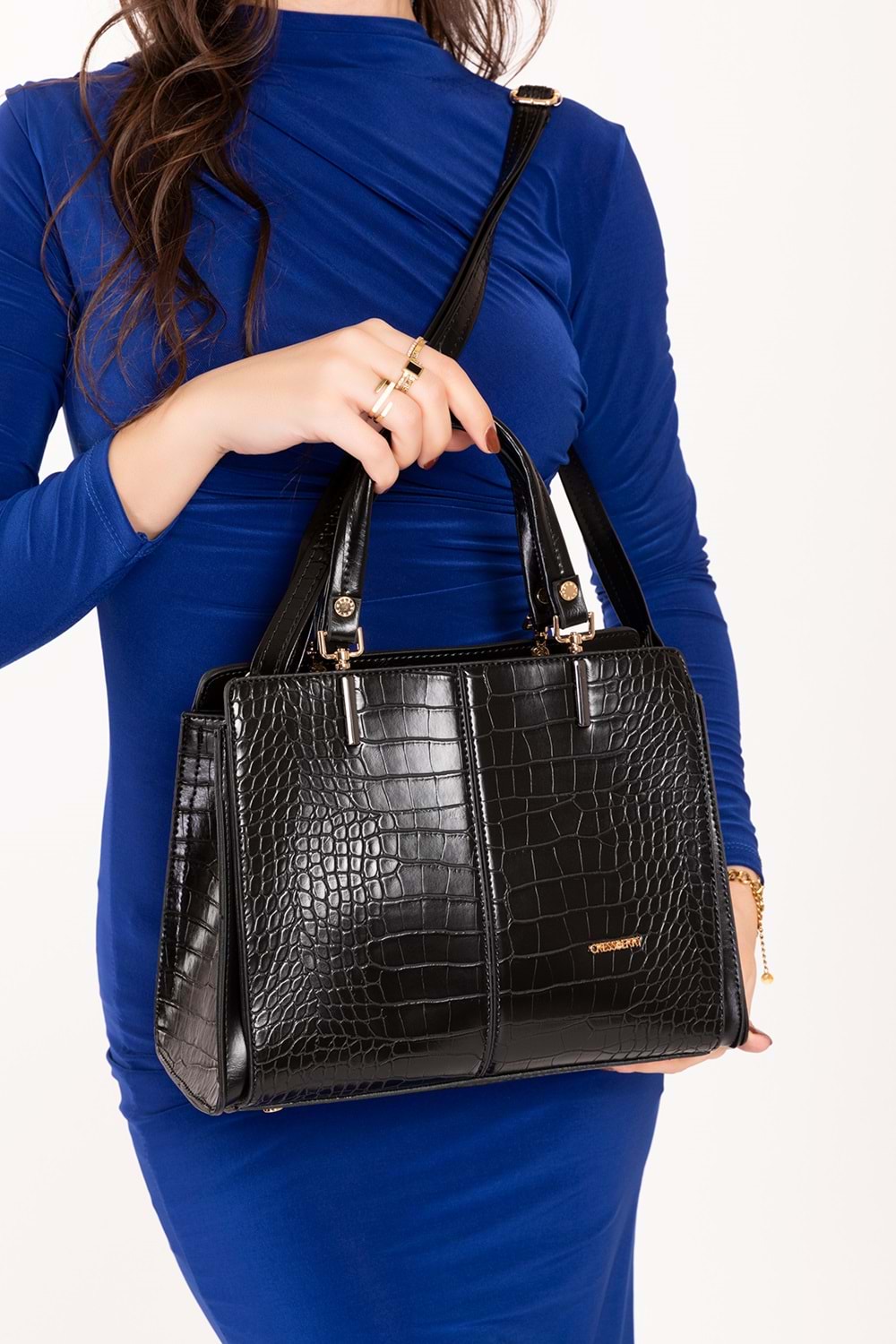Gondol Kadın Günlük Şık El ve Omuz Çantası cr.14318 - Siyah Croco - TEK EBAT