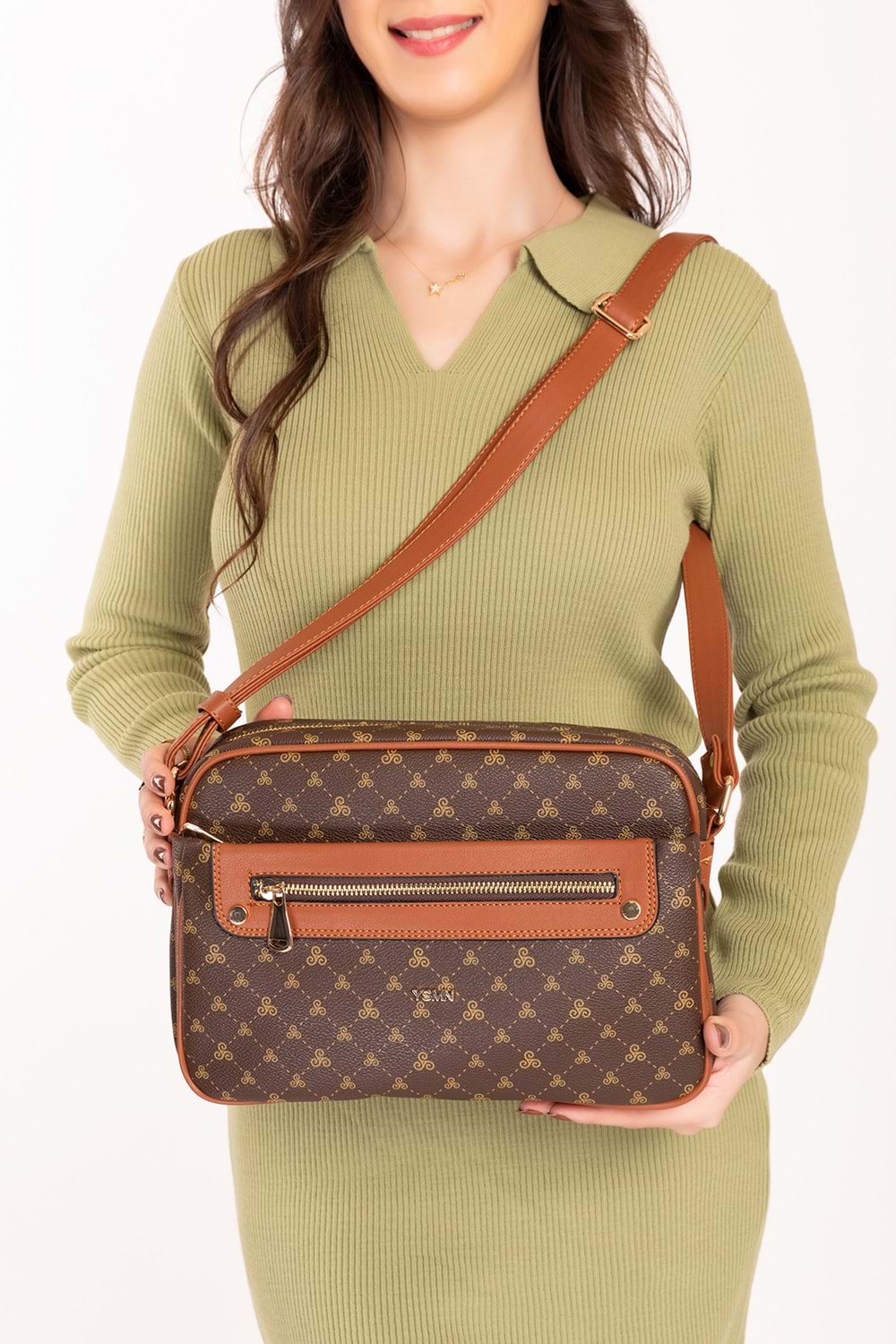 Gondol Kadın Çapraz Sade Şık Günlük Çanta ysm.1682 - Kahve Yazı - TEK EBAT