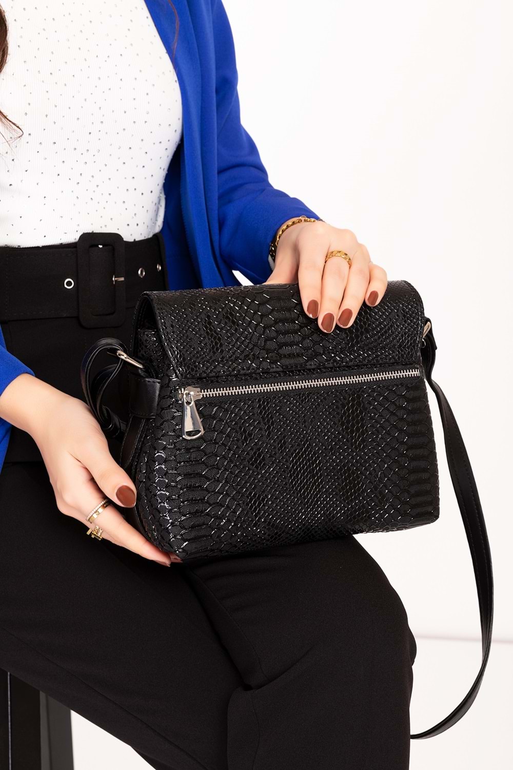 Gondol Yılan Deri Baskılı Şık Omuz Çanta ysm.2057 - Siyah Croco - TEK EBAT