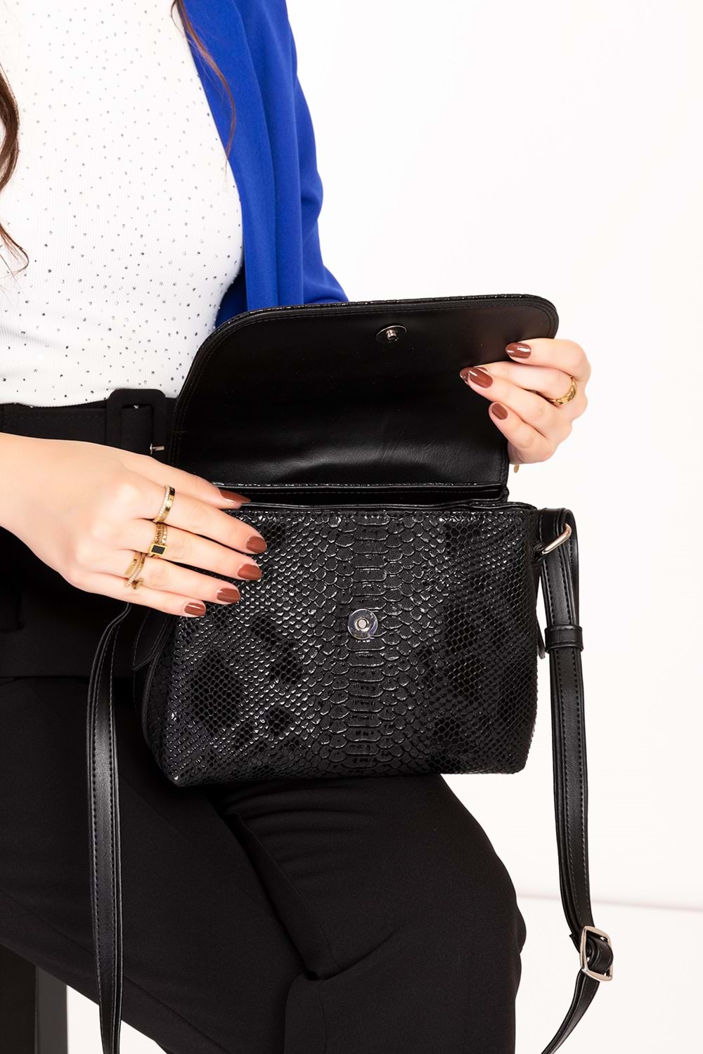 Gondol Yılan Deri Baskılı Şık Omuz Çanta ysm.2057 - Siyah Croco - TEK EBAT