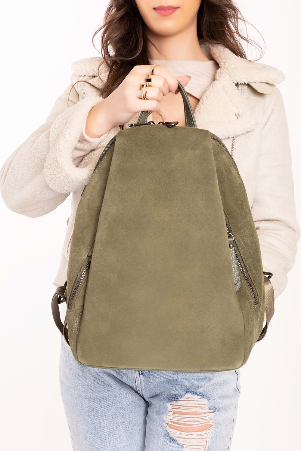 Gondol Hakiki Deri Günlük Sırt Çantası ysm.2043 - Haki Süet - TEK EBAT