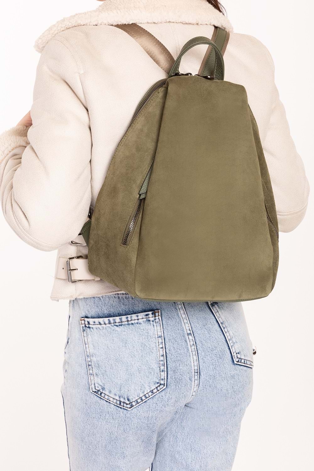 Gondol Hakiki Deri Günlük Sırt Çantası ysm.2043 - Haki Süet - TEK EBAT