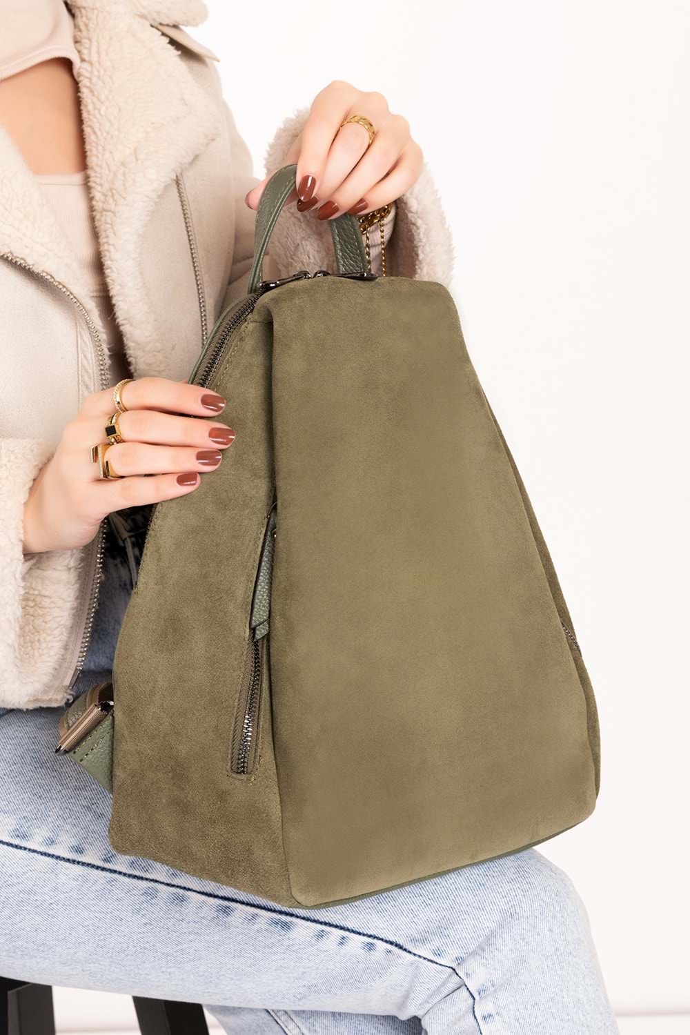 Gondol Hakiki Deri Günlük Sırt Çantası ysm.2043 - Haki Süet - TEK EBAT