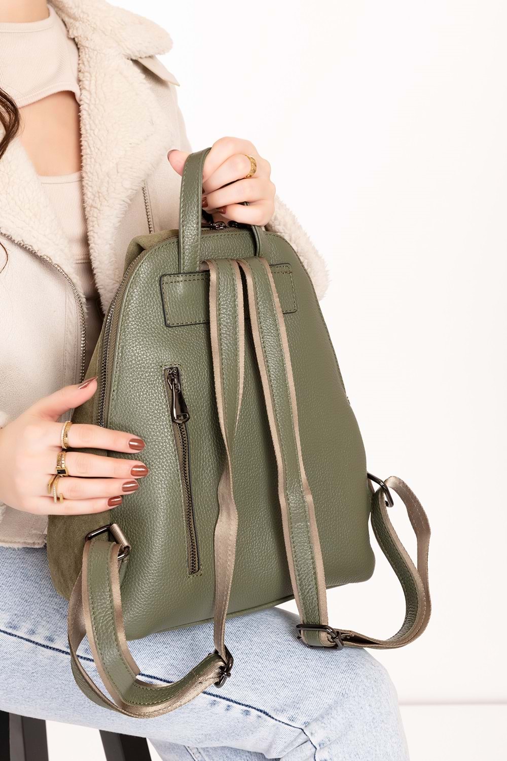 Gondol Hakiki Deri Günlük Sırt Çantası ysm.2043 - Haki Süet - TEK EBAT