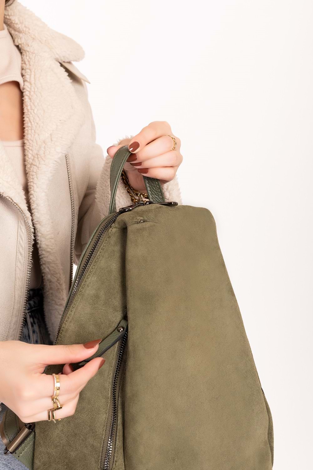 Gondol Hakiki Deri Günlük Sırt Çantası ysm.2043 - Haki Süet - TEK EBAT