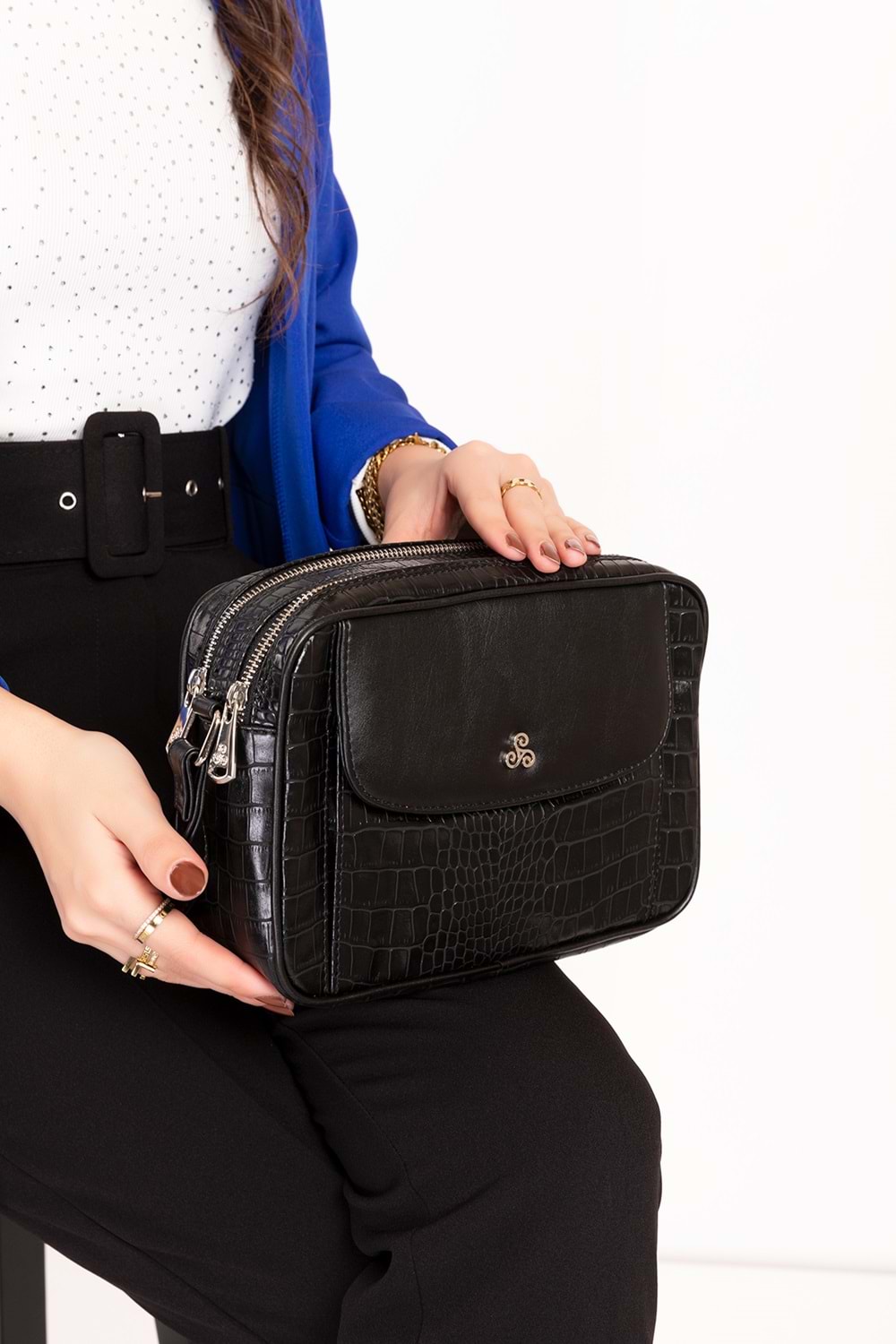 Gondol Yılan Deri Baskılı Şık Omuz Çanta ysm.1984 - Siyah Croco - TEK EBAT