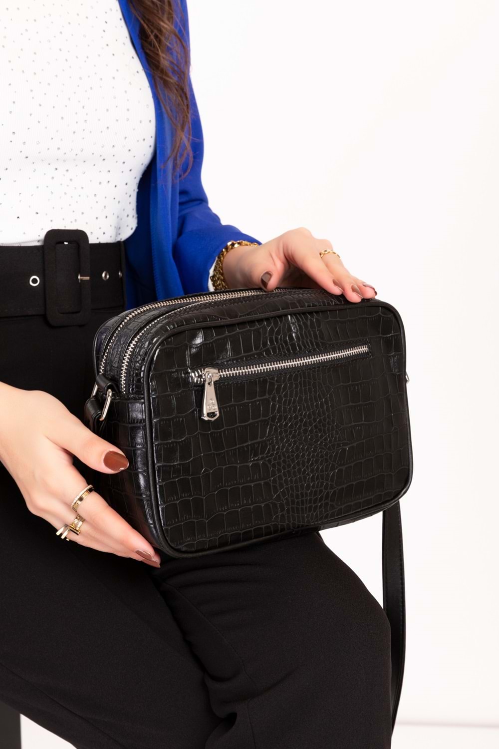 Gondol Yılan Deri Baskılı Şık Omuz Çanta ysm.1984 - Siyah Croco - TEK EBAT