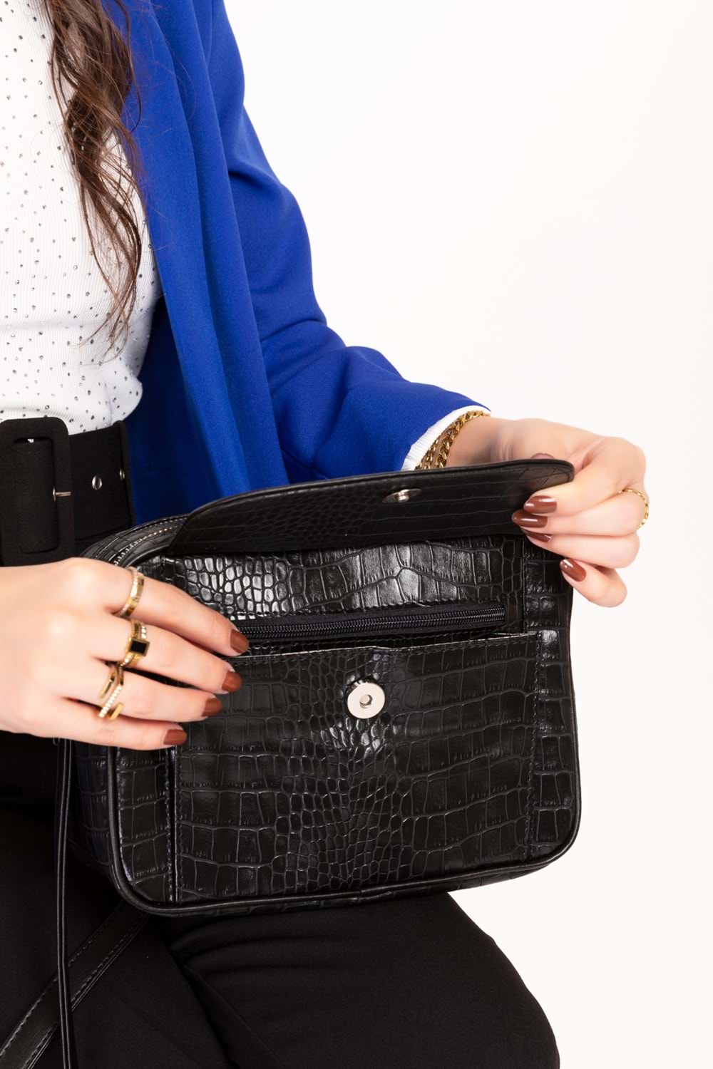 Gondol Yılan Deri Baskılı Şık Omuz Çanta ysm.1984 - Siyah Croco - TEK EBAT