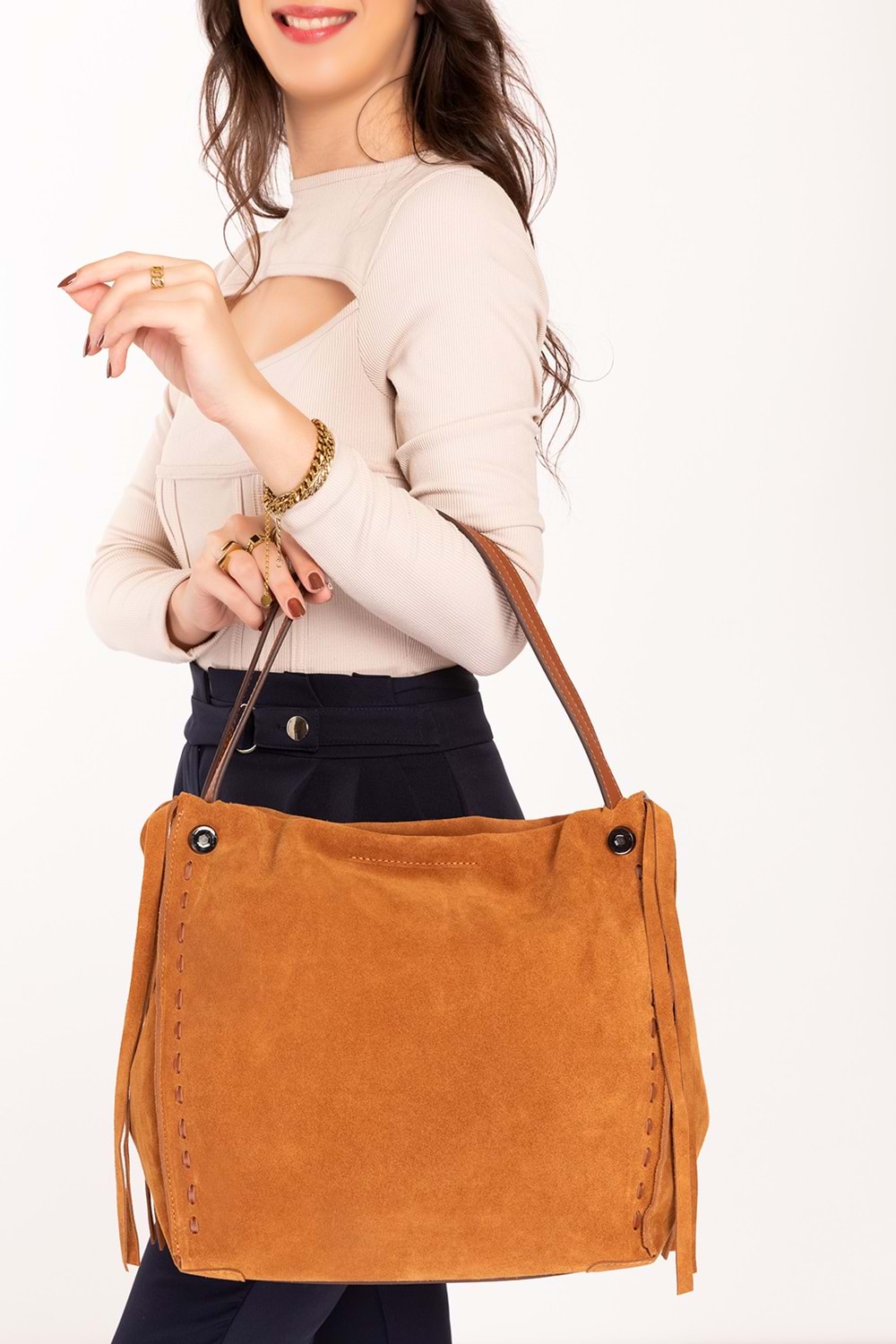 Gondol Kadın Hakiki Deri Süet Omuz Çanta ysm.1953 - Taba Süet - TEK EBAT