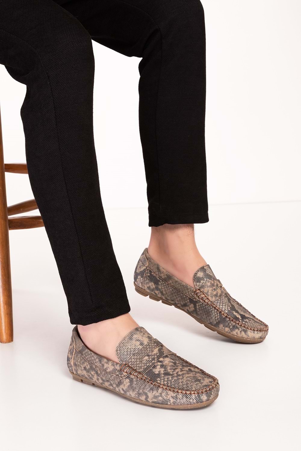 Gondol Erkek Hakiki Deri Hafif Taban Loafer Ayakkabı tx.13881 - Bej Yılan - 41