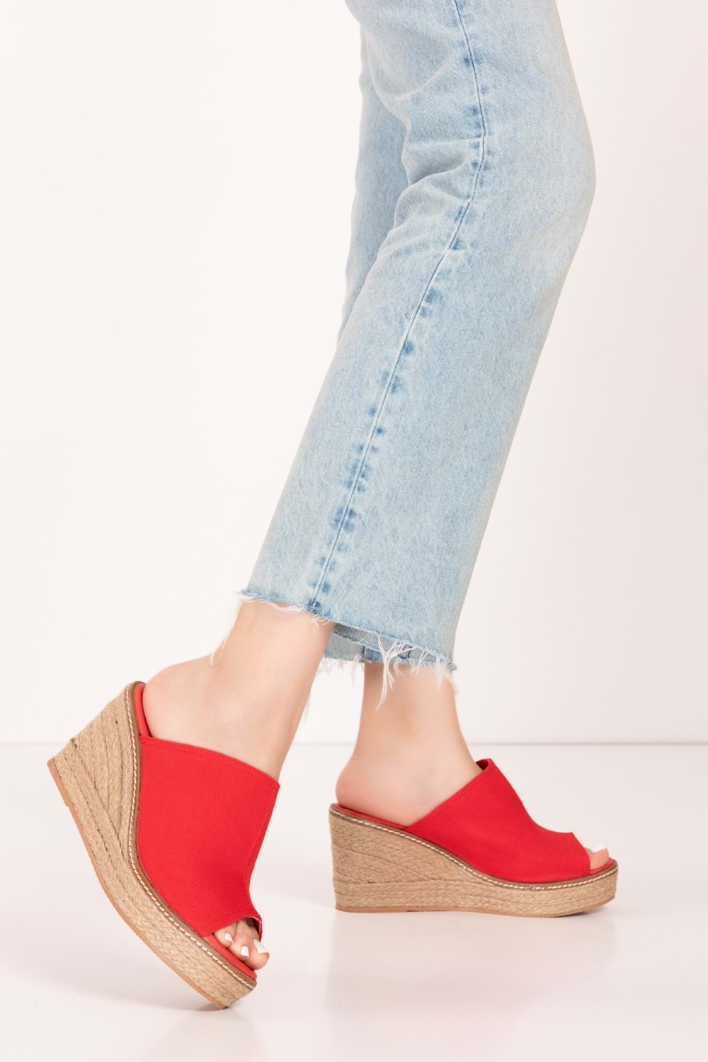 Gondol Kadın İçi Hakiki Deri Keten Dolgu Topuk Platform Sandalet ell.6948 - kırmızı - 34