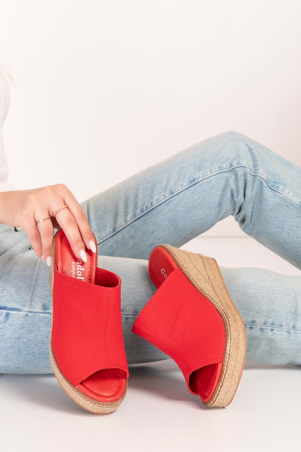 Gondol Kadın İçi Hakiki Deri Keten Dolgu Topuk Platform Sandalet ell.6948 - kırmızı - 34
