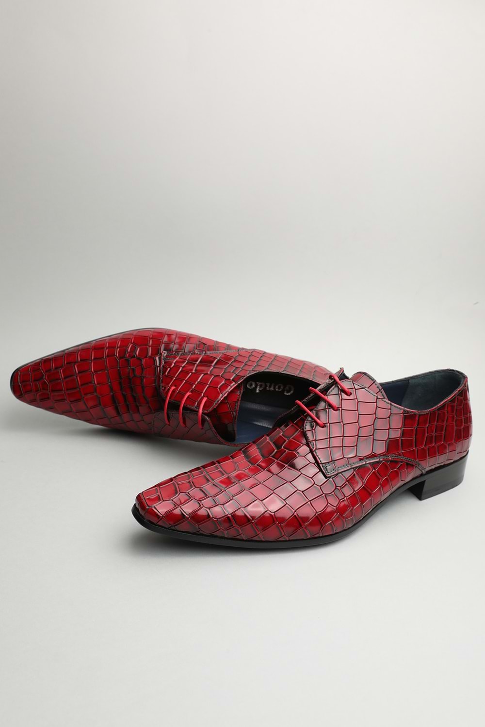 Gondol Erkek Hakiki Deri Sivri Burun Özel Deri Tasarımlı Kundura tz.613 - Kırmızı Croco - 41