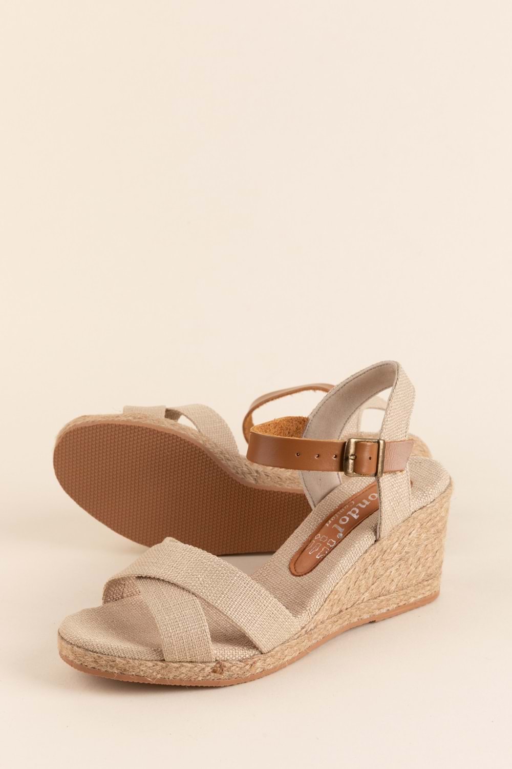 Gondol Kadın Keten Kumaş Dolgu Topuk Hasır Taban Platform Sandalet ell.7132 - Bej - 34